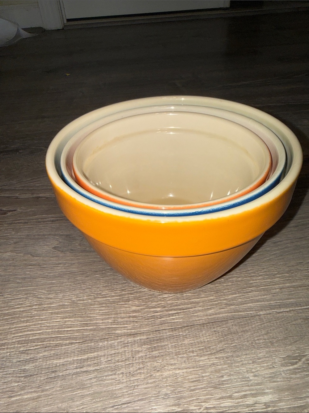 Crate&Barrel Addison Retiree Stoneware Nesting Bowls in Blue, Yellow, and Orange